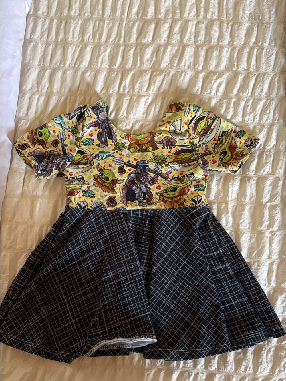 Girls Yellow Character Print & Black Grid Skater Dress